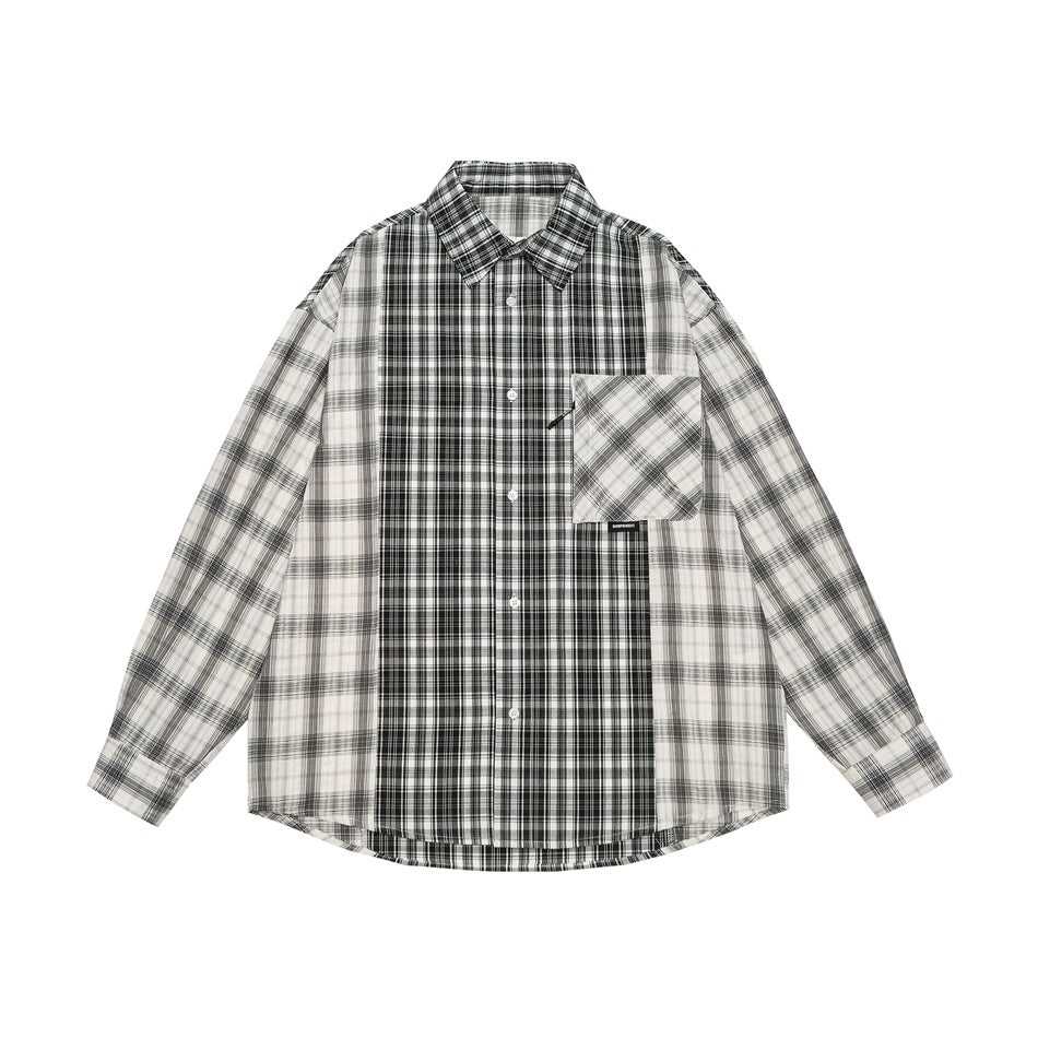 Unisex Kariertes Overshirt im Patchwork-Look mit Brusttasche Drune