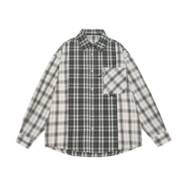 Unisex Kariertes Overshirt im Patchwork-Look mit Brusttasche Drune