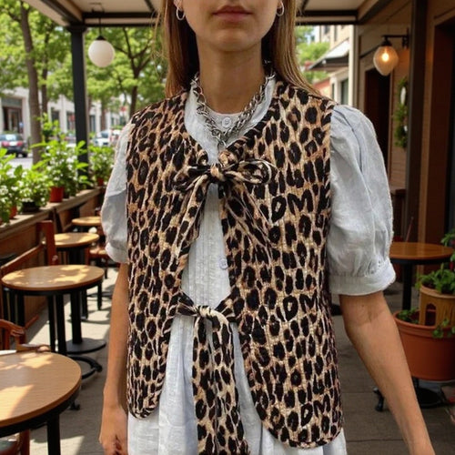 Damen Ärmellose Leoparden-Print-Weste mit Bindeschleifen und strukturierter Oberfläche Drune