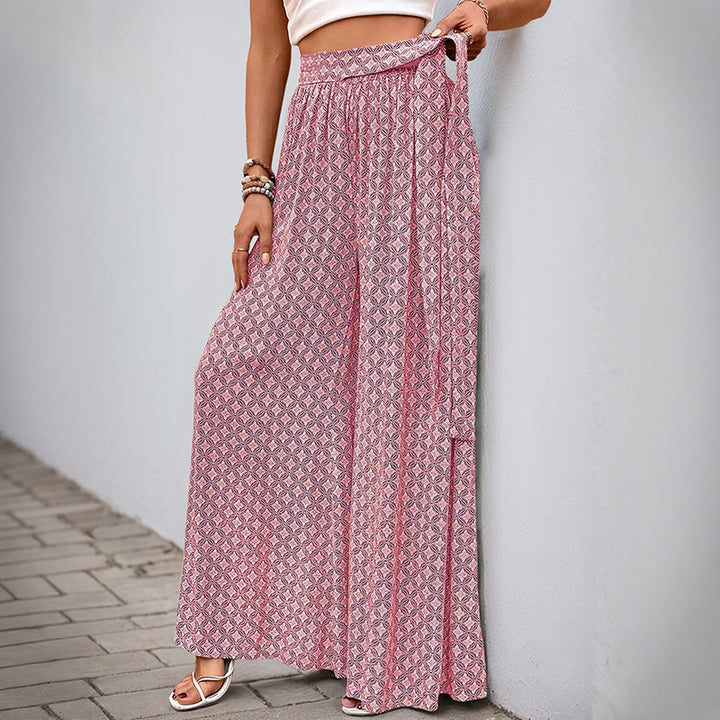 Damen Weite Palazzo-Hose mit seitlichem Bindegürtel und elegantem Print Drune
