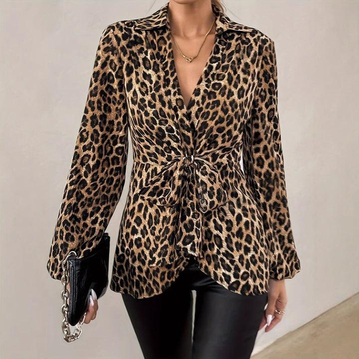Damen maßgeschneiderte Wickelbluse mit Leopardenmuster, Hemdkragen und Bindegürtel Drune