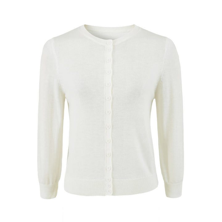Damen Fein gestrickte Rundhals-Strickjacke mit Knopfleiste und Rippbündchen Drune
