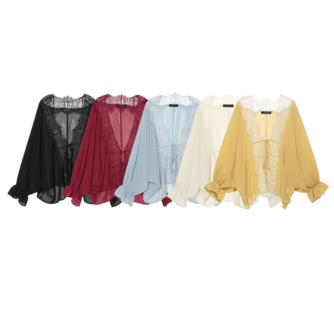 Damen Fließende Kimono‑Bluse mit Spitzenbesatz und Bindeband Drune