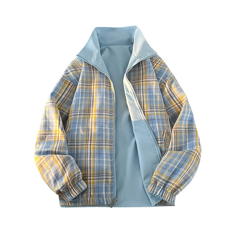 Unisex Wende-Utility-Jacke mit kariertem Innenfutter, Stehkragen und elastischen Bündchen Drune