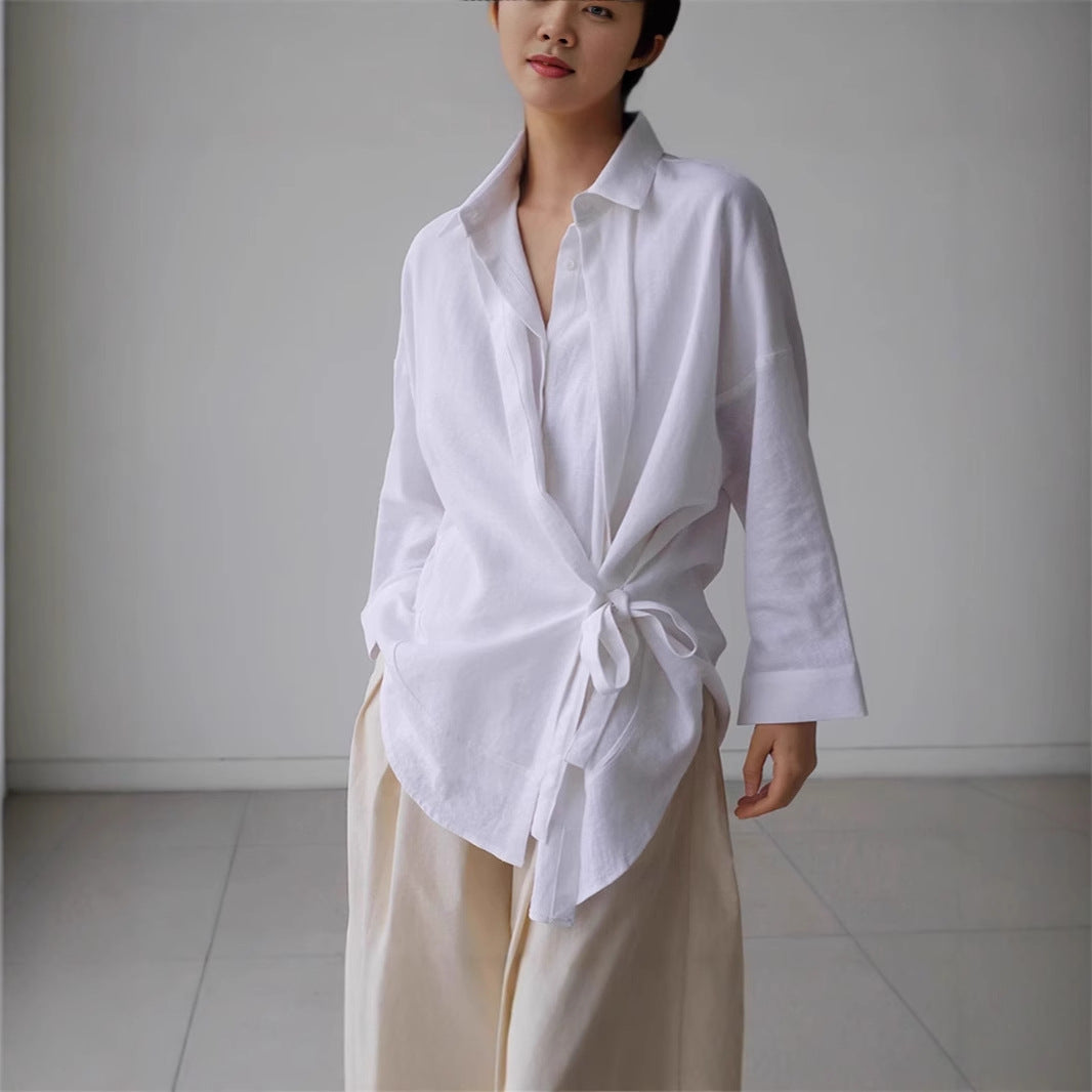 Damen Wickel-Langbluse aus Leinenmix mit Seitenschleife und Oversize-Schnitt Drune