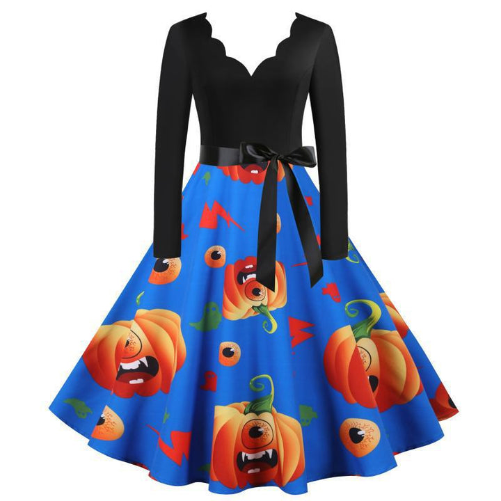 Damen Vintage Swing Kleid mit Halloween-Kürbis-Print und Taillengürtel Drune