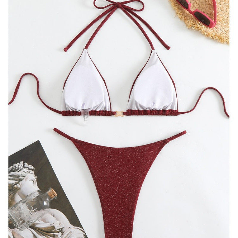 Damen Triangel-Bikini mit glitzerndem Stoff und verstellbaren Trägern Drune