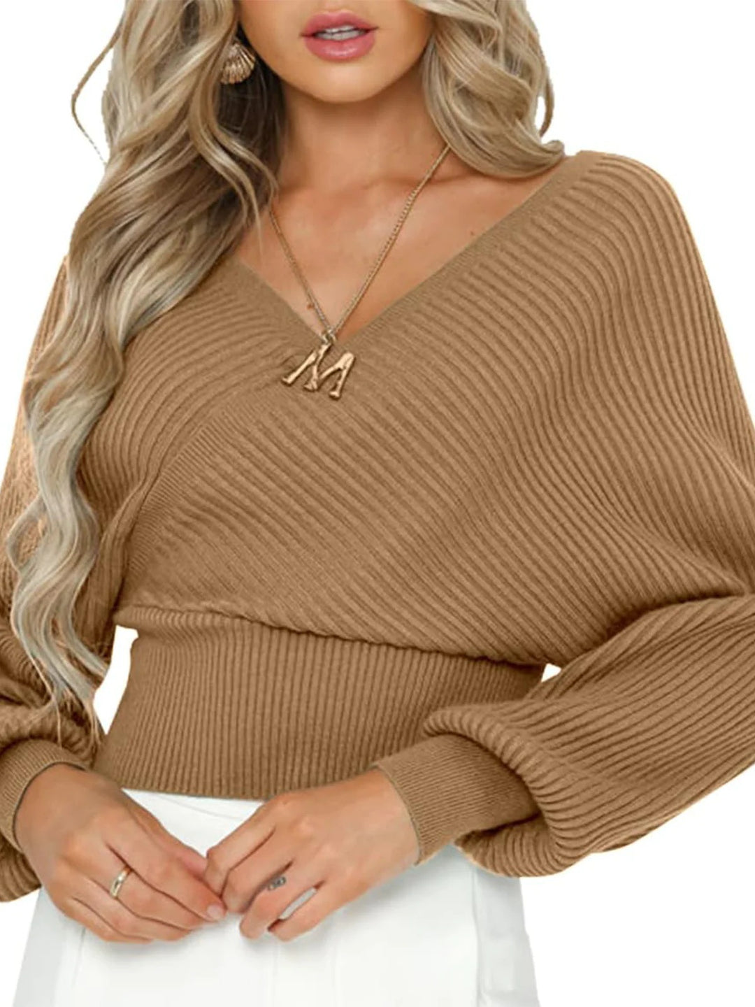 Damen nan gestrickter Off-Shoulder Cropped-Pullover mit Wickeloptik und Ballonärmeln Drune