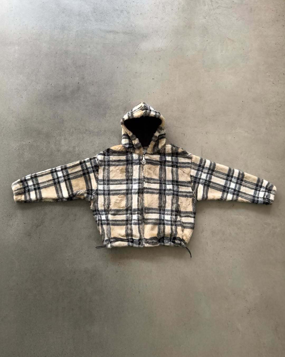Unisex nan gefütterte Plaid-Fleece-Bomberjacke mit Kapuze Kordelzug und Reißverschlusstaschen Drune