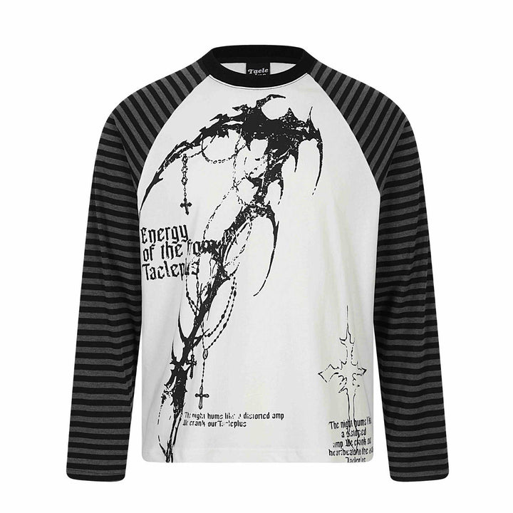 Unisex Langarmshirt im Raglanstil mit Gothic-Print und gestreiften Ärmeln Drune