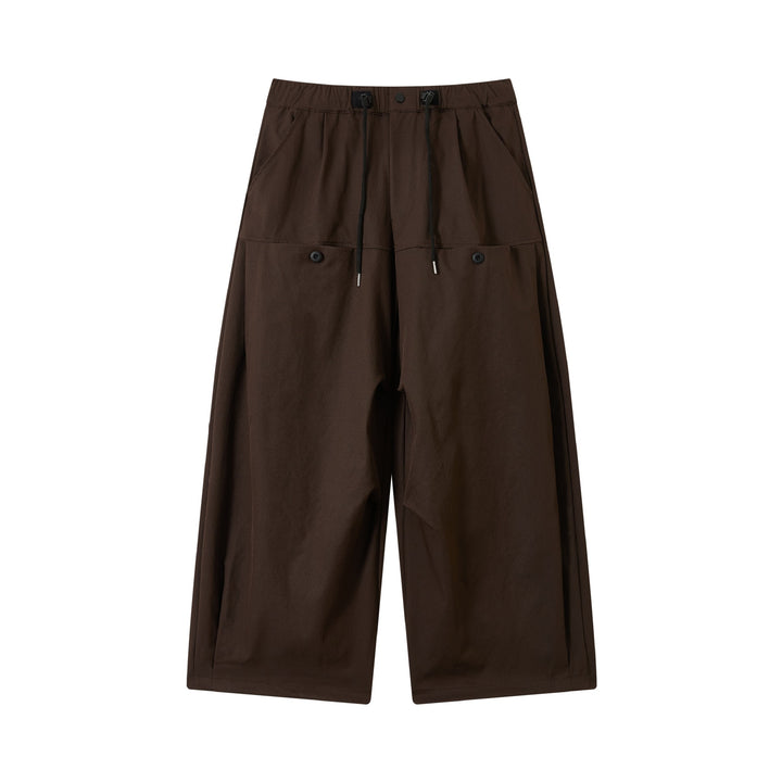 Damen weite verkürzte Bundfaltenhose mit Tunnelzug und Cargotaschen Drune