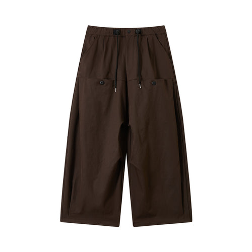 Damen weite verkürzte Bundfaltenhose mit Tunnelzug und Cargotaschen Drune