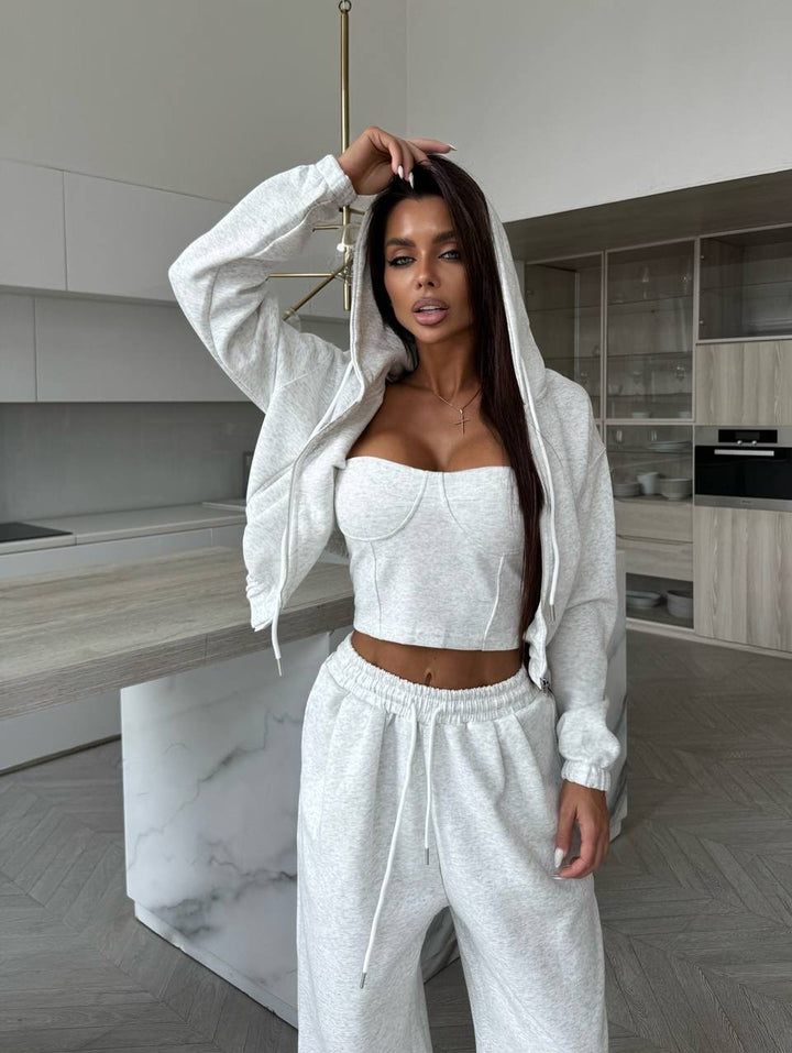 Damen Sculpting-Corsagen-Crop mit Kapuzen-Zipjacke und weiter High-Waist-Jogginghose Drune