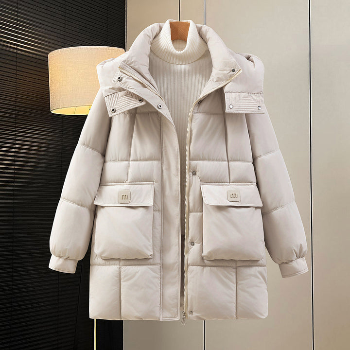 Damen funktionelle und stilvolle Winterjacke mit Taschen und Kapuze Drune