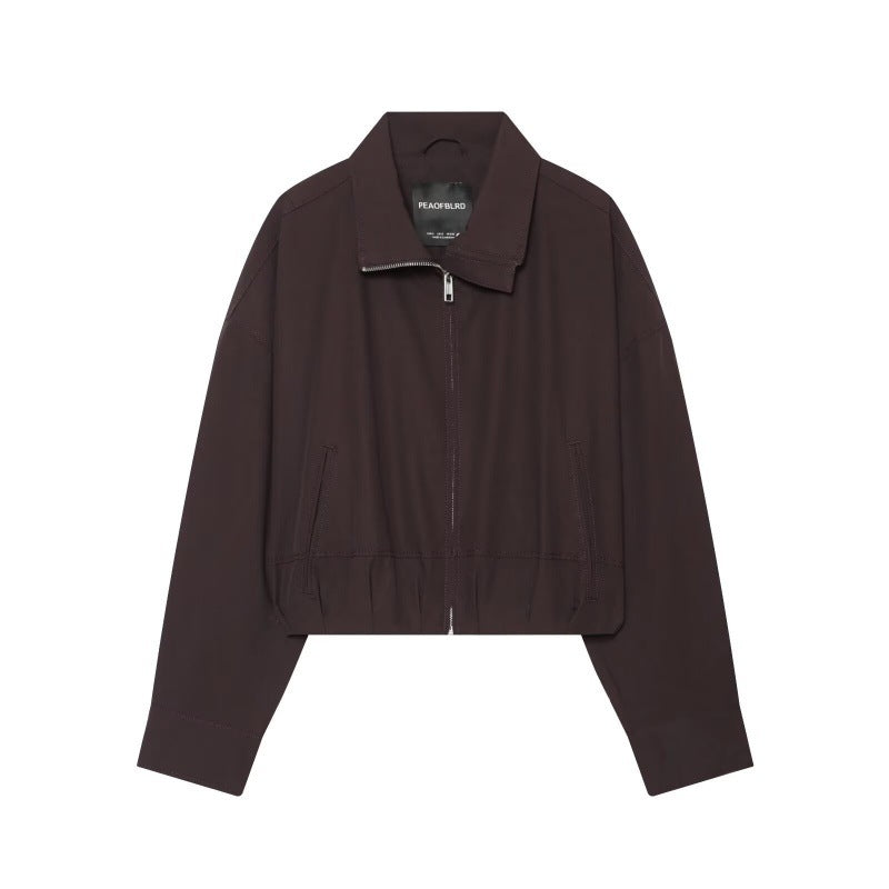 Damen Cropped Boxy‑Jacke mit Reißverschluss, Stehkragen und elastischem Saum Drune