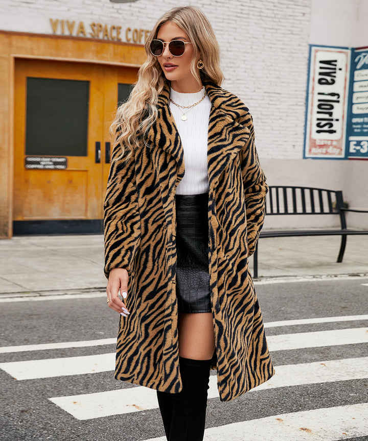 Damen Eleganter Kunstpelzmantel im Zebra-Design Drune