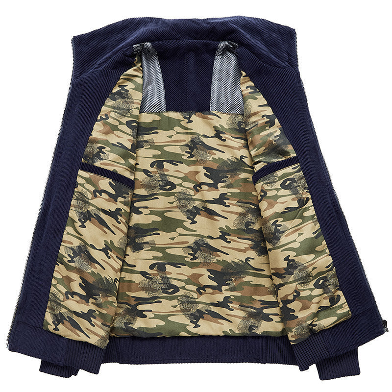 Herren Kordjacke mit Reißverschluss, Stehkragen und Camouflage-Futter Drune