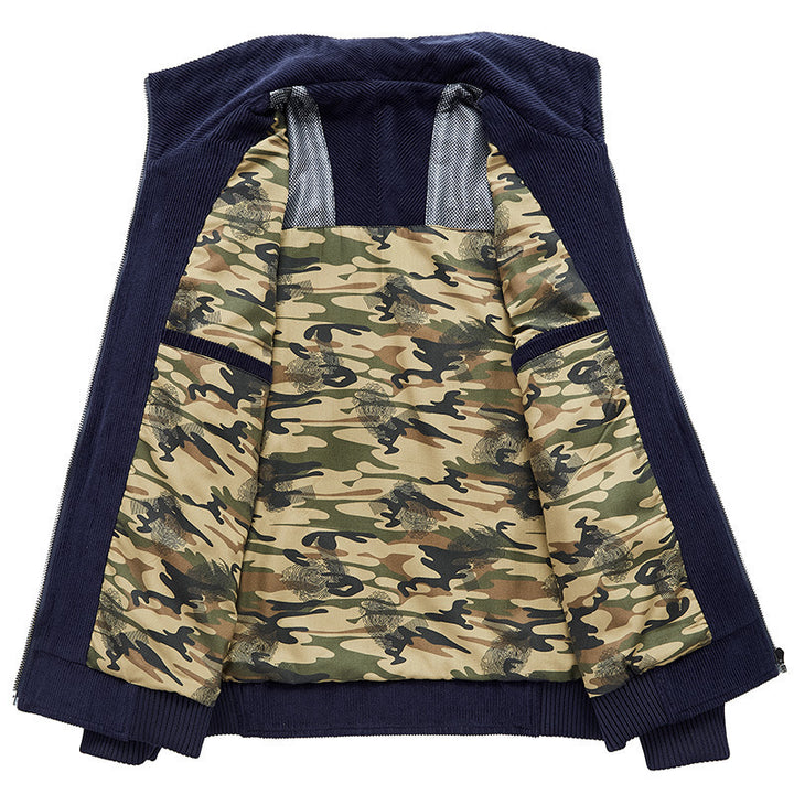 Herren Kordjacke mit Reißverschluss, Stehkragen und Camouflage-Futter Drune