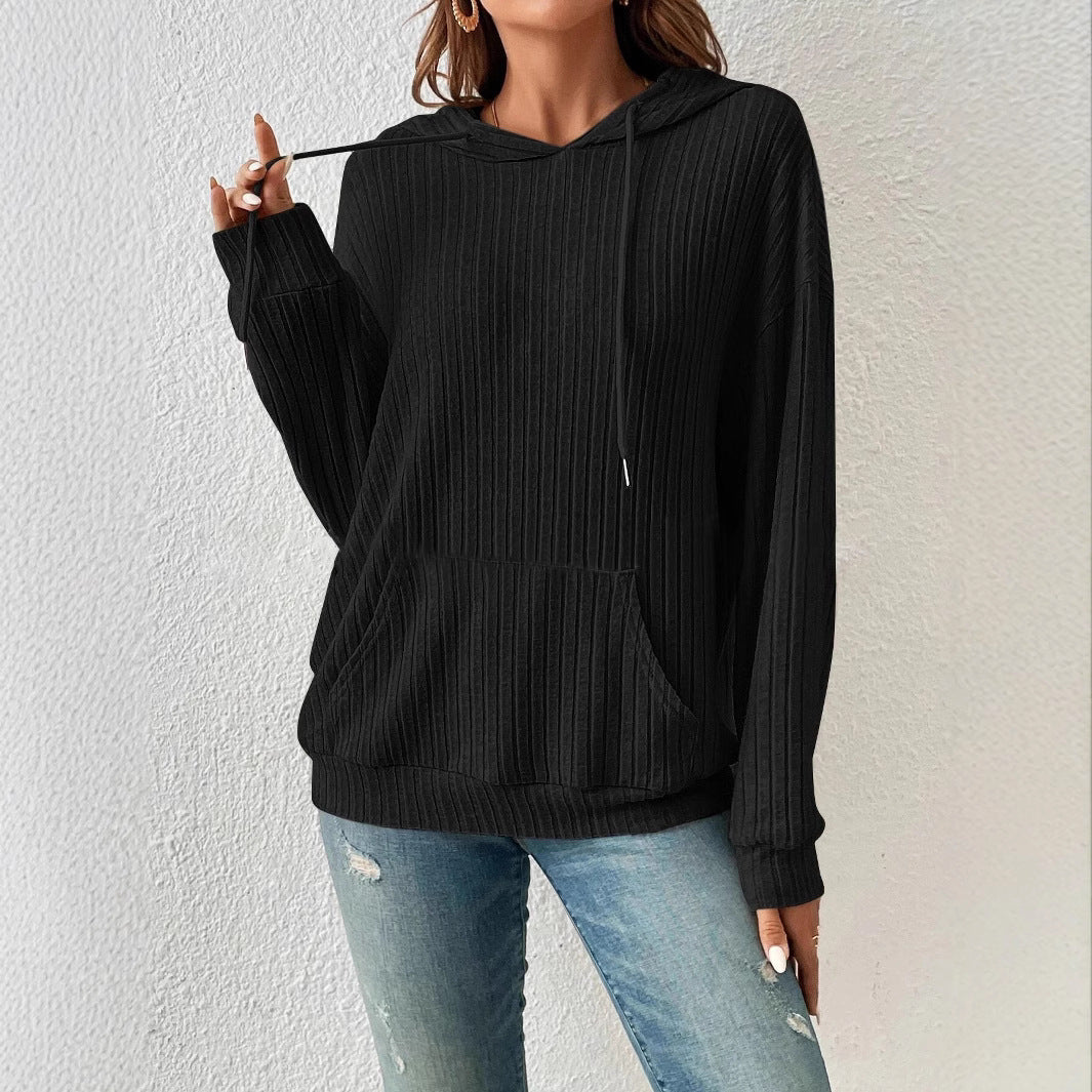 Damen lässiger Kapuzenpullover mit Rippenstruktur und Kängurutasche Drune