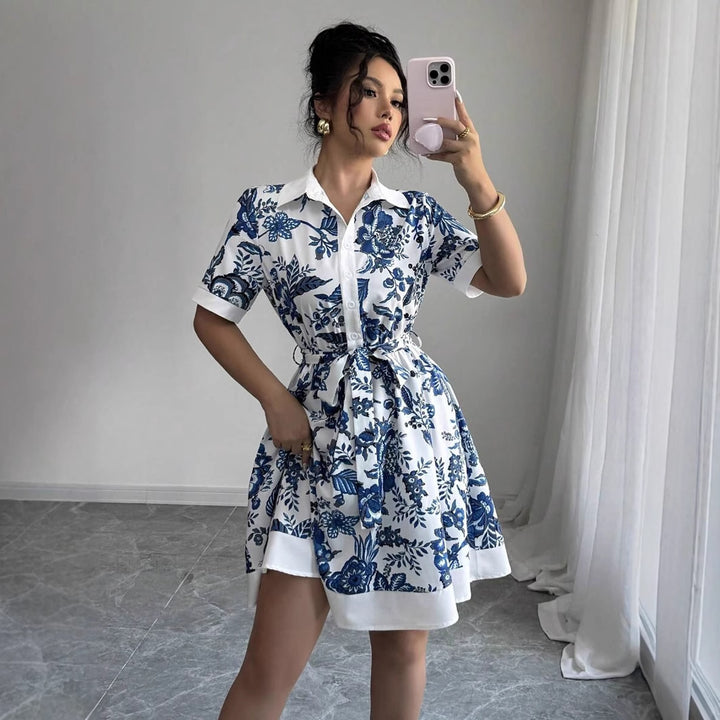 Damen Blusenkleid mit floralem Design und Taillengürtel Drune