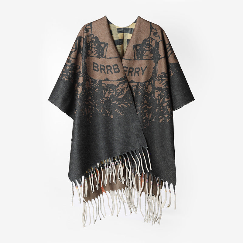 Damen Fransen‑Capeponcho aus Wollmischung mit Jacquard‑Logomotiv und offenem Oversize‑Fall Drune