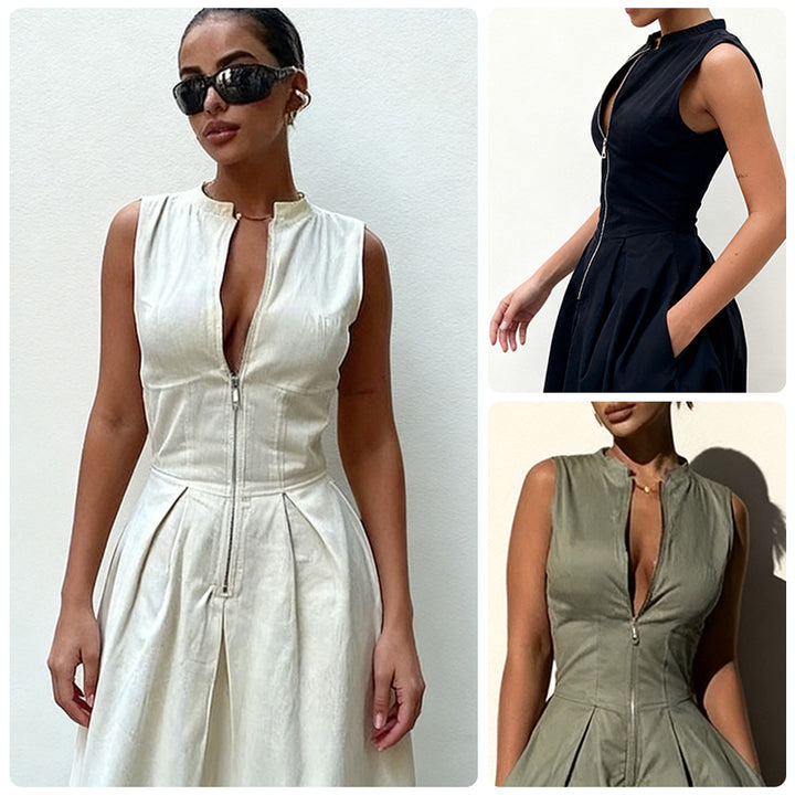 Damen elegantes Sommerkleid mit hochwertigem Reißverschluss und schwingendem Saum Drune