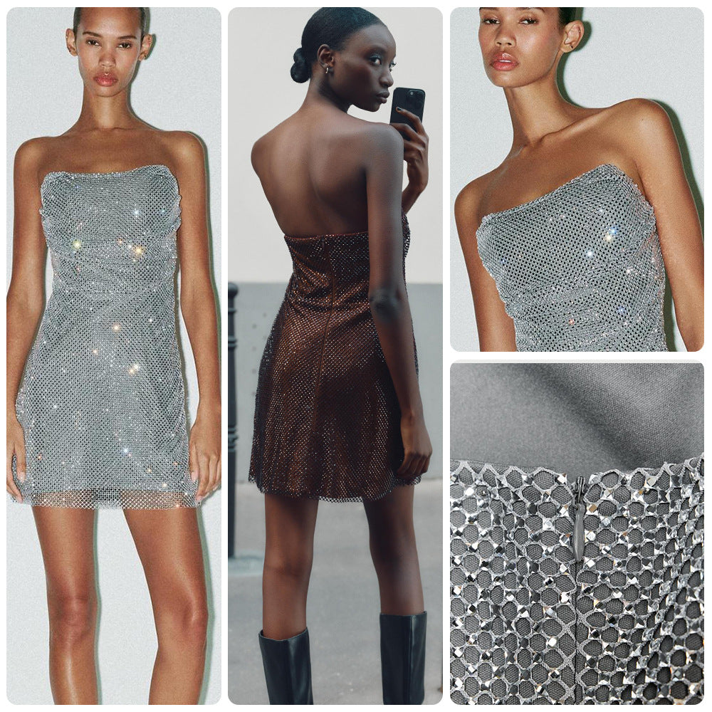 Damen Glitzerndes Cocktailkleid mit schulterfreiem Design und funkelnden Pailletten Drune