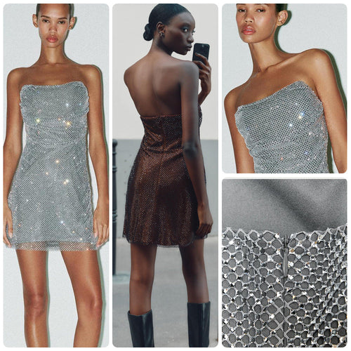 Damen Glitzerndes Cocktailkleid mit schulterfreiem Design und funkelnden Pailletten Drune