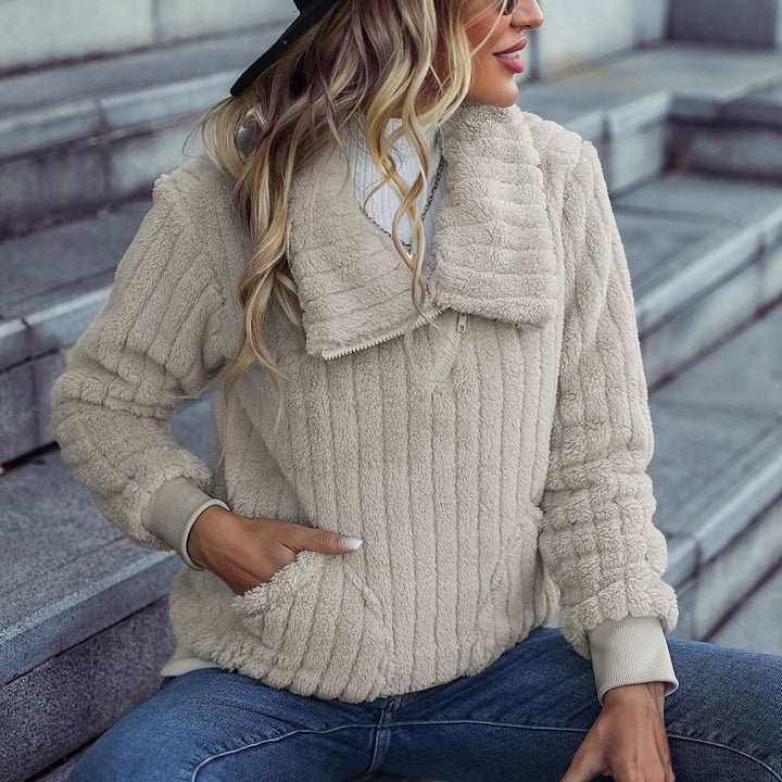 Damen Plüschpullover mit hochschließendem Kragen und seitlichen Eingrifftaschen Drune
