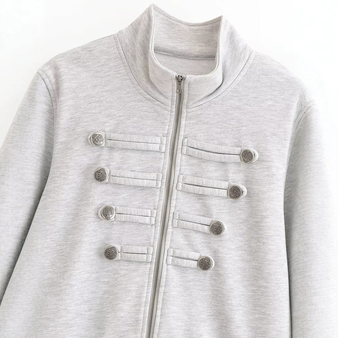 Damen Kurzjacke aus Sweat mit Stehkragen und dekorativer Military-Passe Drune