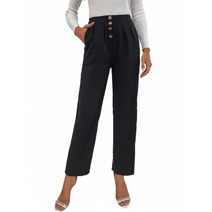 Damen Hochtaillierte Bundfalten-Hose mit dekorativer Knopfleiste und geradem Bein Drune