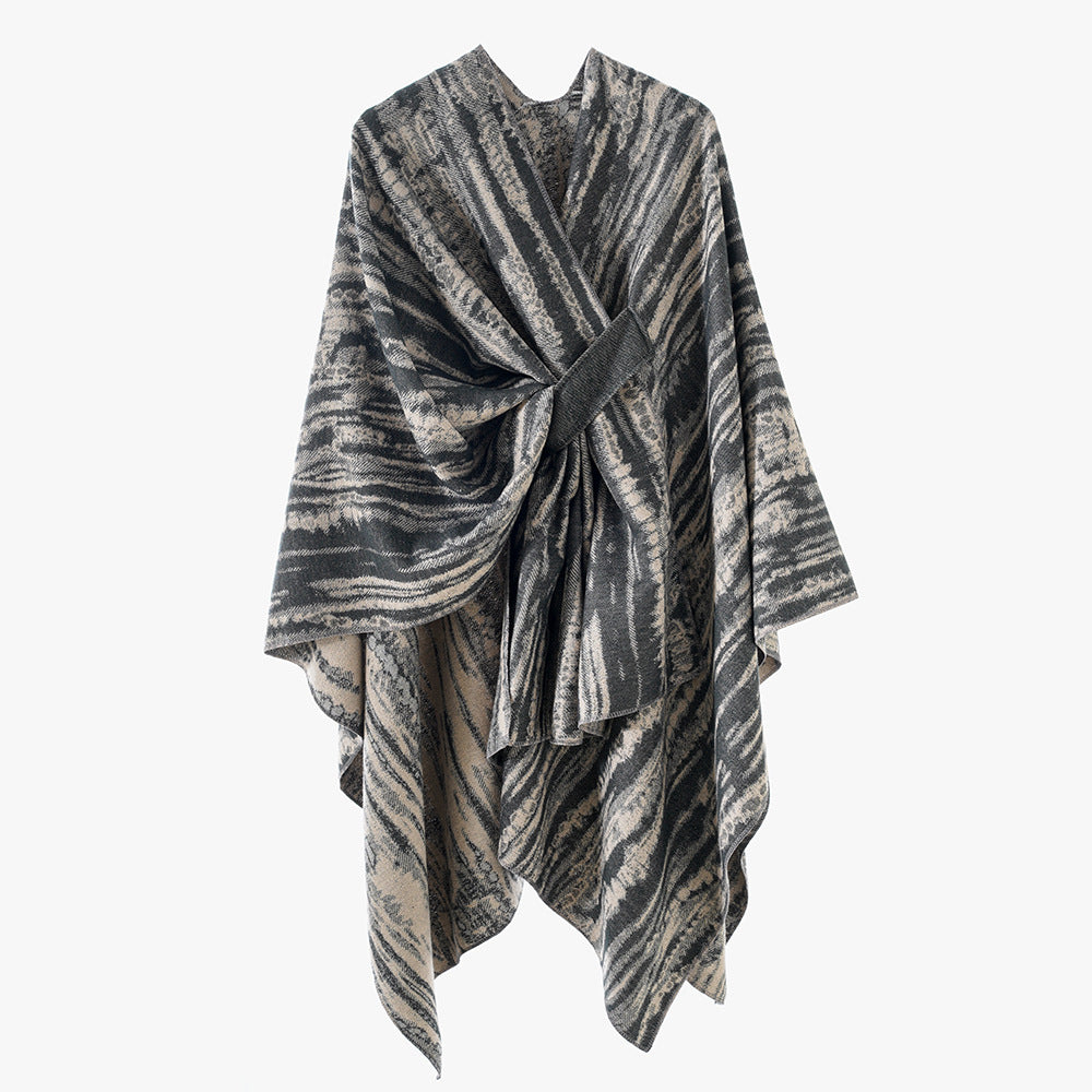 Damen Jacquard-Cape-Überwurf mit strukturierter Wellenoptik, Bindegürtel und asymmetrischem Zipfelsaum Drune