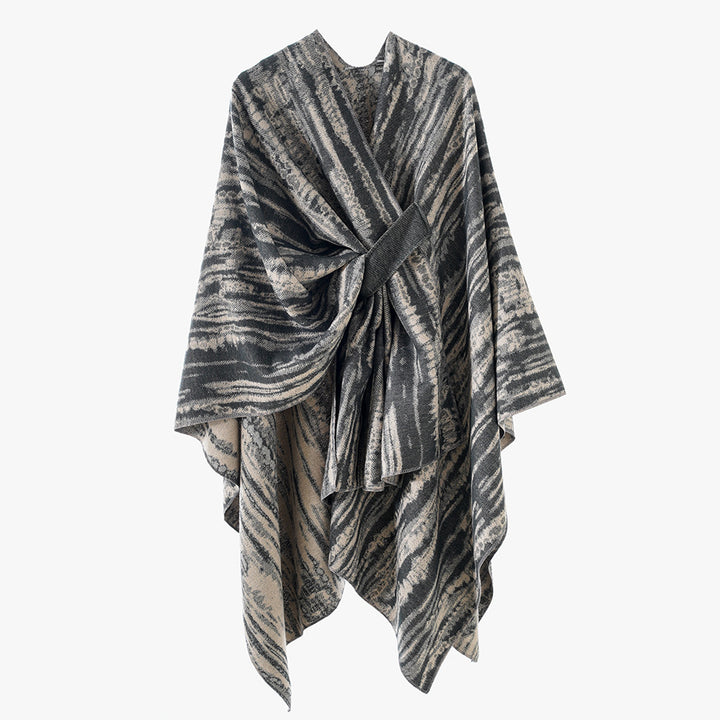 Damen Jacquard-Cape-Überwurf mit strukturierter Wellenoptik, Bindegürtel und asymmetrischem Zipfelsaum Drune