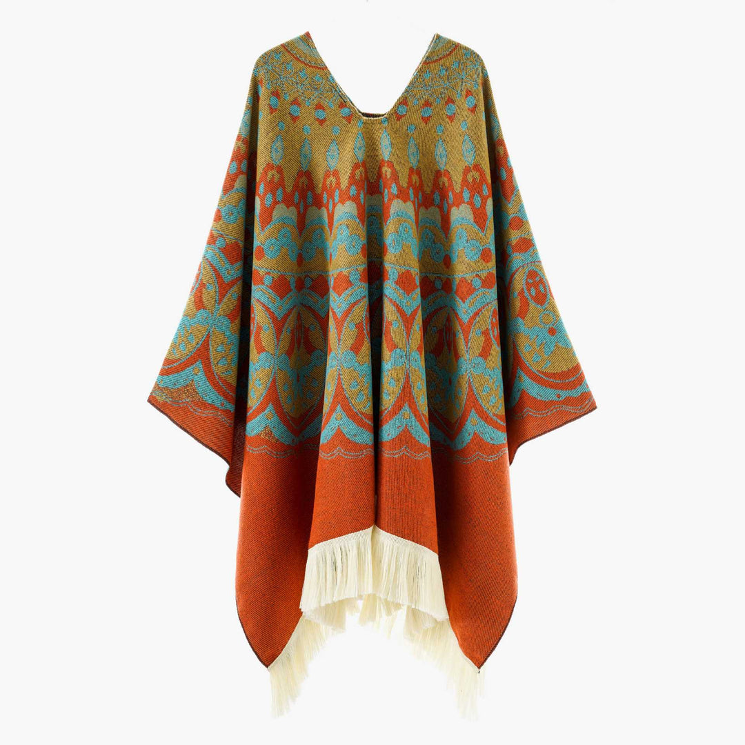 Damen Gewebter Jacquard-Poncho mit V-Ausschnitt, Ethno‑Print und Fransen Drune