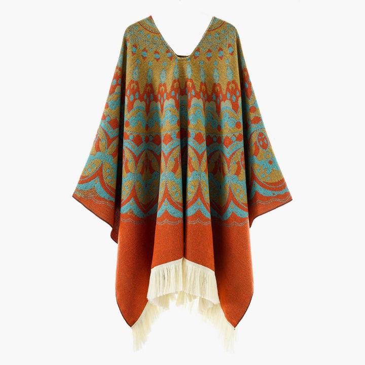 Damen Gewebter Jacquard-Poncho mit V-Ausschnitt, Ethno‑Print und Fransen Drune