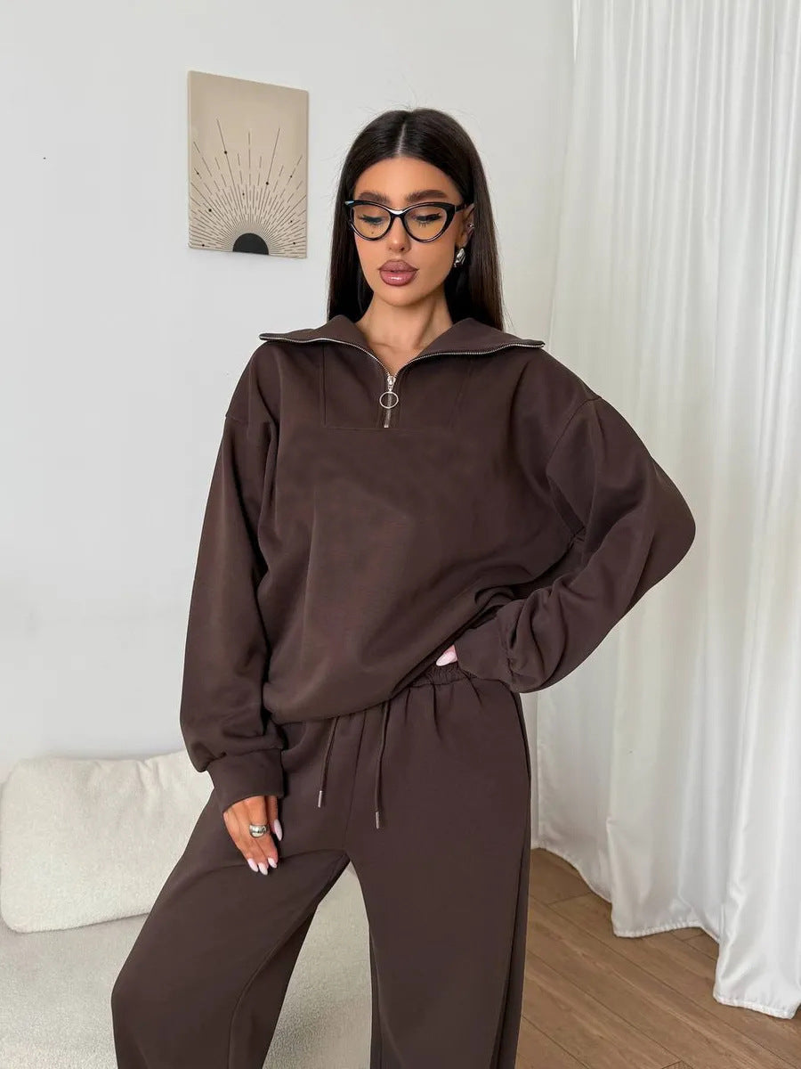 Damen Loungewear-Set mit halbem Reißverschluss und weiter Bügelfalten-Hose Drune