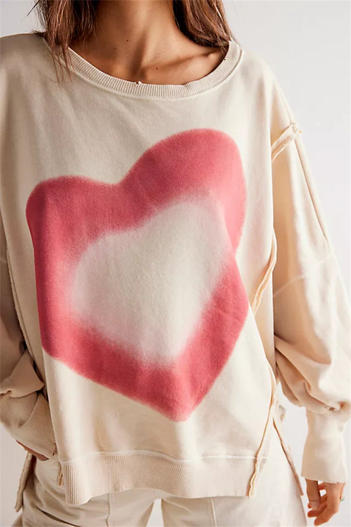 Damen oversized Sweatshirt mit Rüben-Print, ausgefransten Nahtakzenten und Daumenlochärmeln Drune