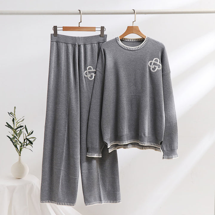 Damen lässiges Strick-Loungewear-Set mit dekorativen Kontrastdetails Drune