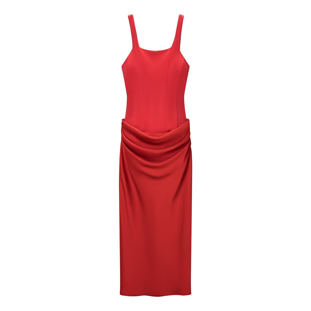 Damen elegantes Midikleid mit raffinierten Drapierungen und verstellbaren Spaghettiträgern Drune