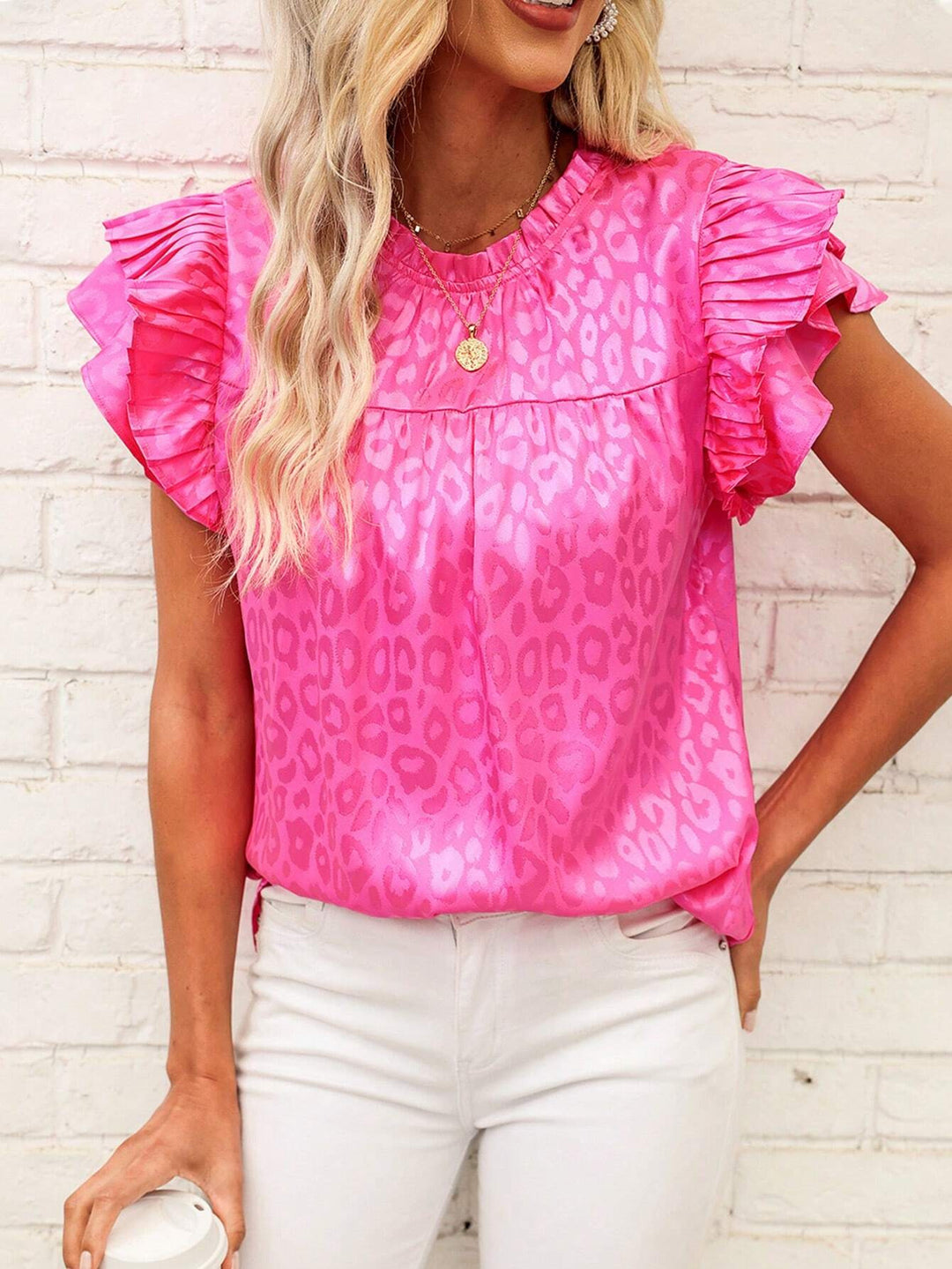 Damen Satinbluse mit Jacquard-Leoprint und gestuften Plissee-Volantärmeln Drune