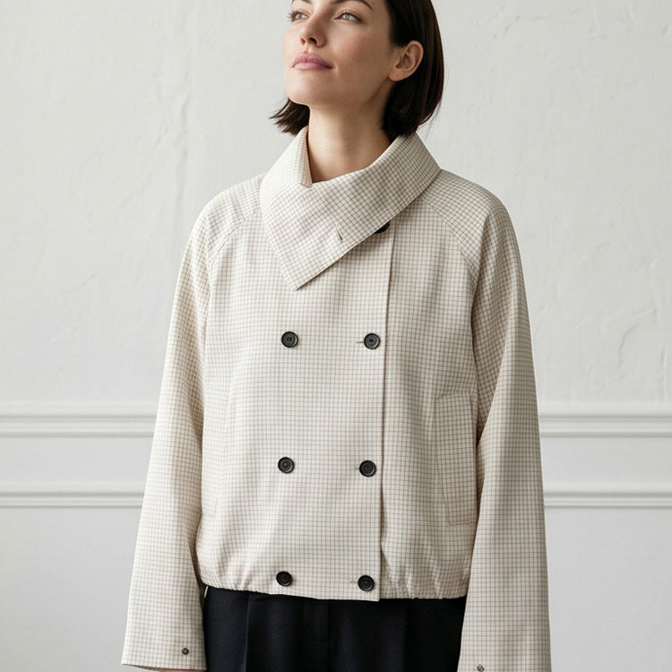 Damen Kurze Doppelreiher-Blousonjacke mit Wickelkragen und Raglanärmeln Drune