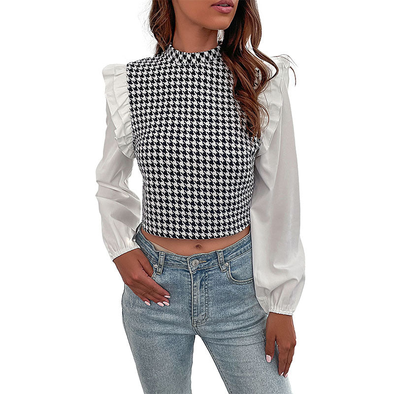 Damen Hahnentritt-Cropped-Top mit Rüschen‑Schultern und langen Chiffonärmeln Drune