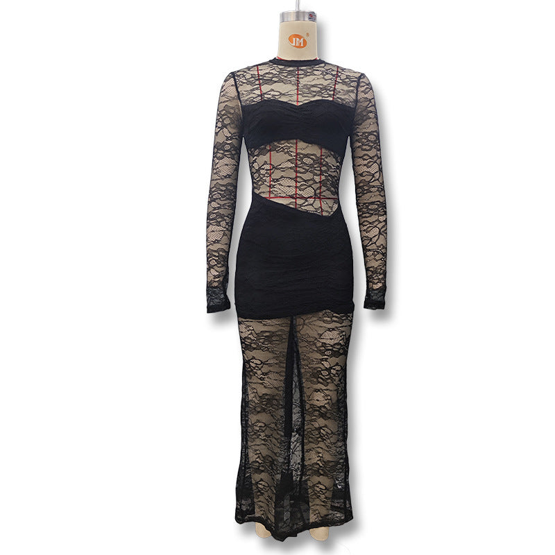 Damen Elegantes Spitzenkleid mit hohem Kragen und langem Ärmel Drune