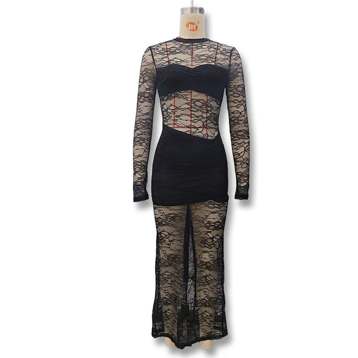 Damen Elegantes Spitzenkleid mit hohem Kragen und langem Ärmel Drune