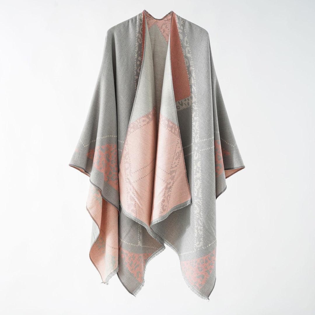 Damen Großer Double-Face Jacquard-Umhang mit Animal-Patch und feinem Fransensaum Drune