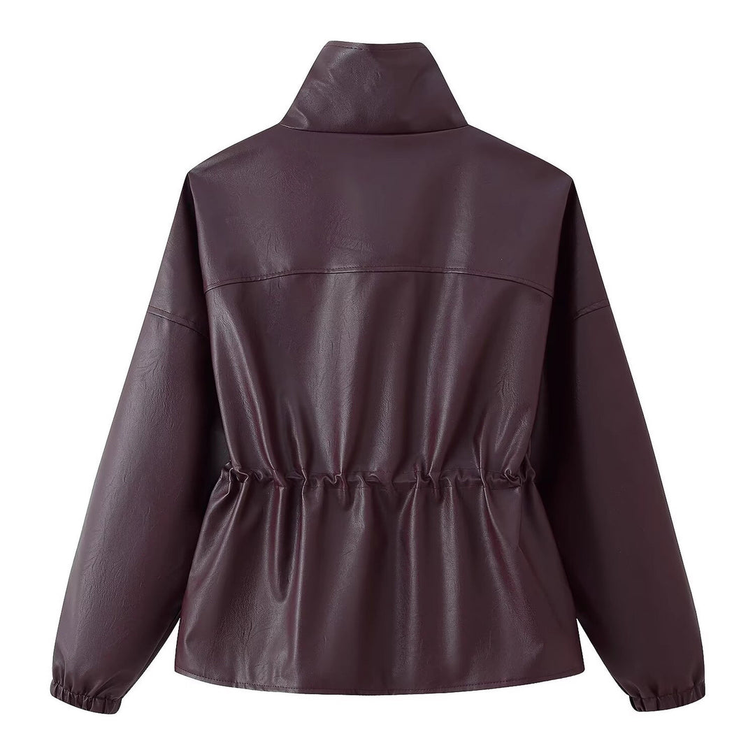 Damen Kunstleder-Parka mit Stehkragen, Taillenzug und aufgesetzten Klappentaschen Drune