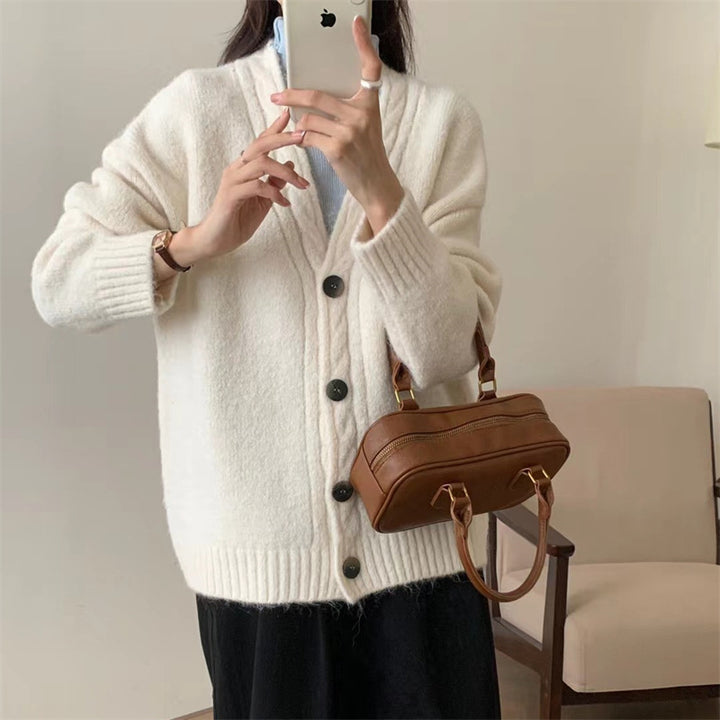 Damen Gemütlicher Strickcardigan mit elegantem V-Ausschnitt und Knopfdetails Drune