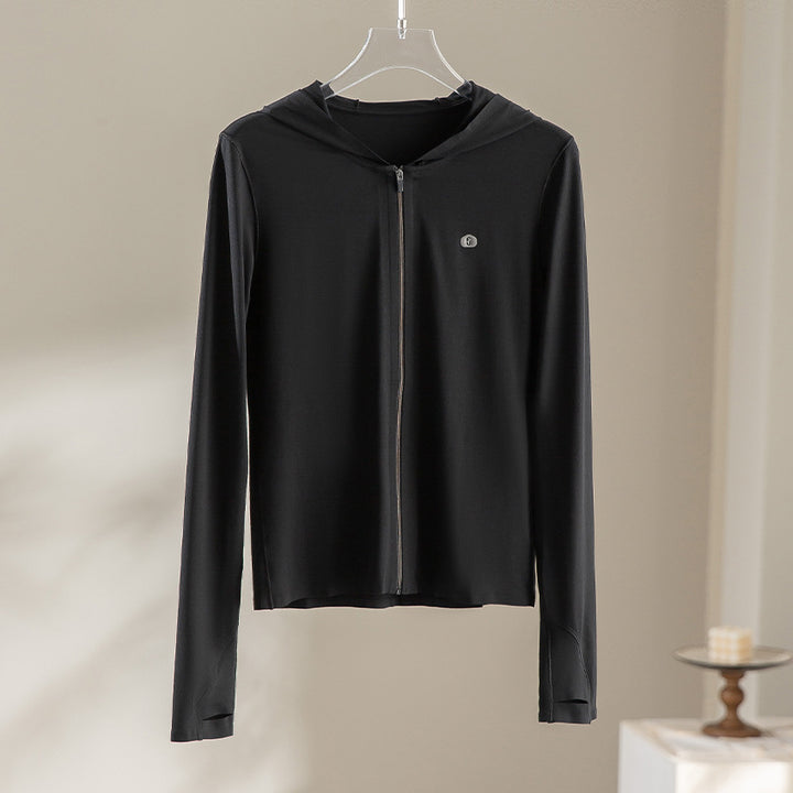 Damen Leichte Kapuzenjacke mit durchgehendem Reißverschluss, Slim‑Fit und Daumenloch Drune