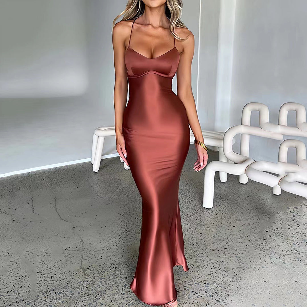 Damen Glamouröses Langarm-Maxi-Kleid mit verstellbaren Trägern und figurbetontem Schnitt Drune