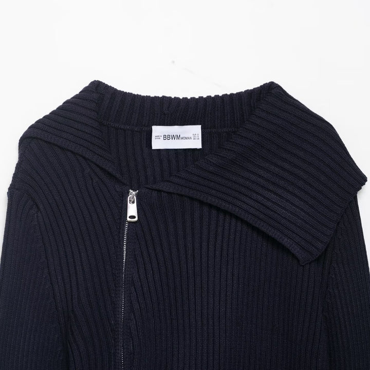 Damen Strickpullover mit asymmetrischem Reißverschluss und voluminösem Kragen Drune
